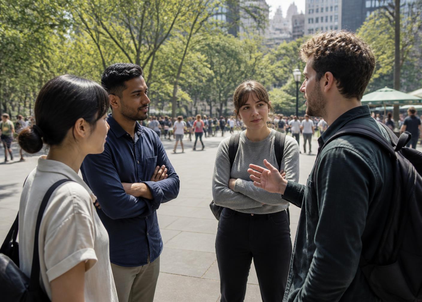 Four coworkers standing outdoors in a New York park mid-discussion