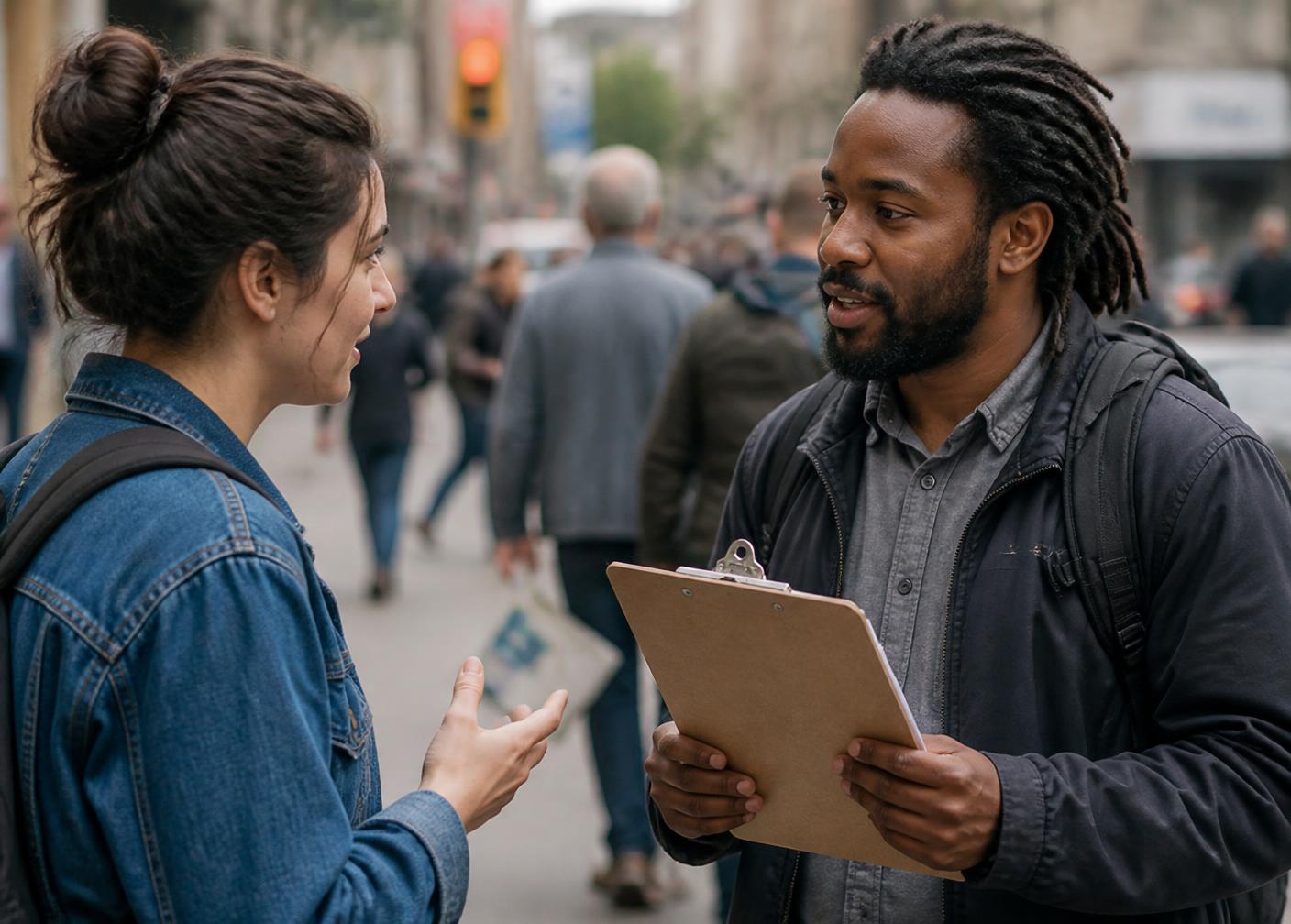 Close conversation between two people on a busy sidewalk