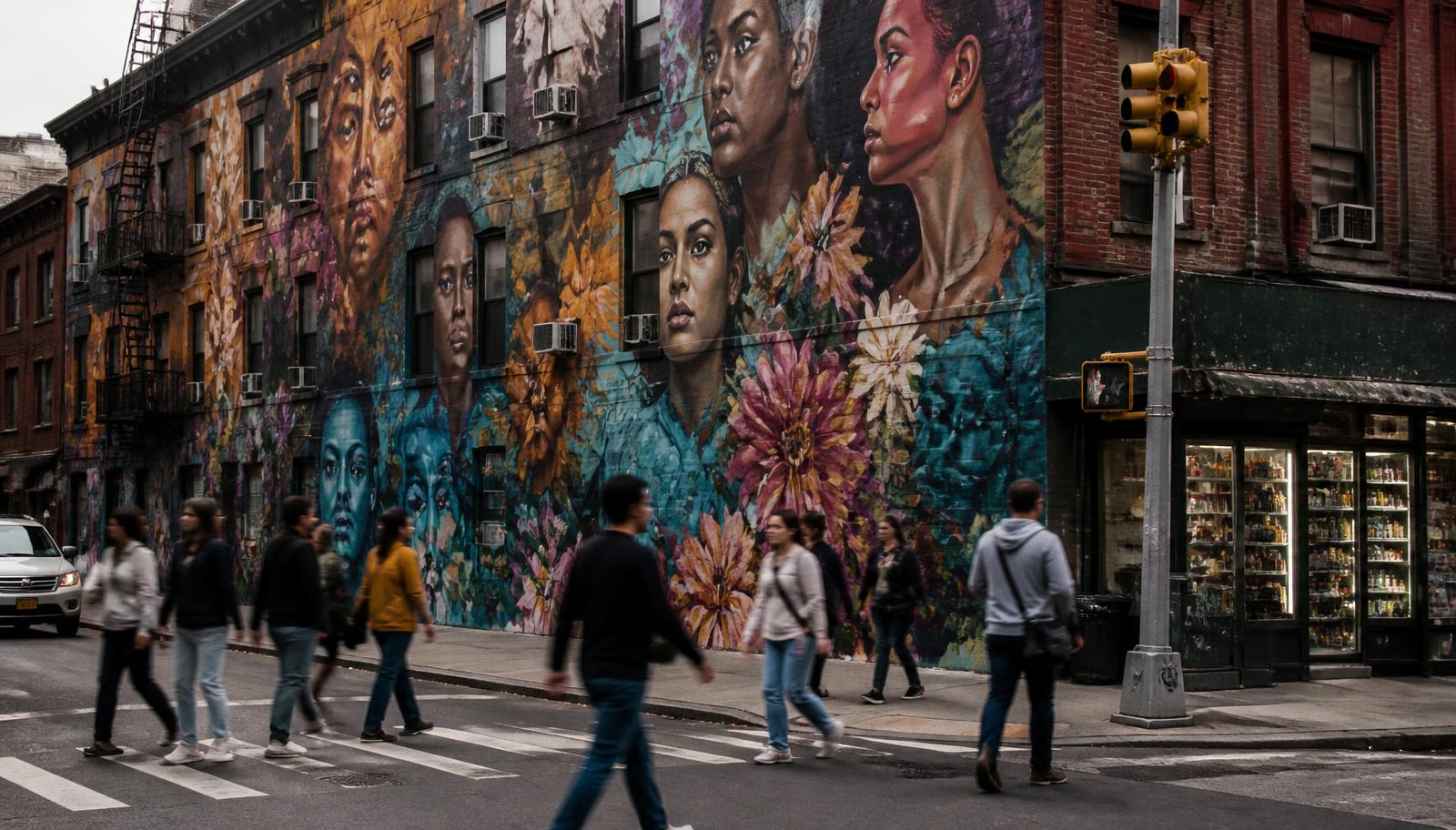 Pedestrians walking past a large mural on a New York City corner