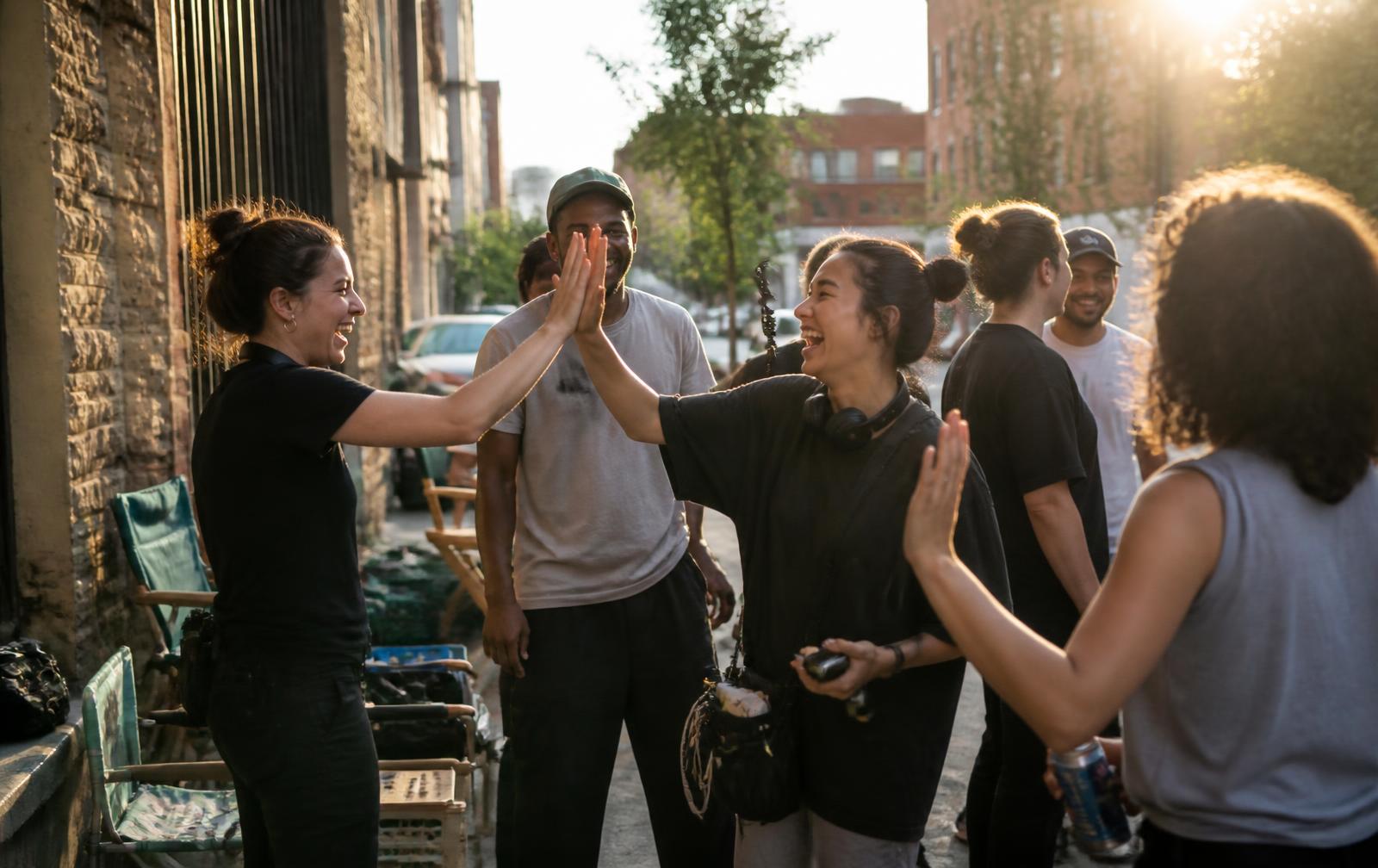 A young team laughing and celebrating on a New York sidewalk after an outdoor event