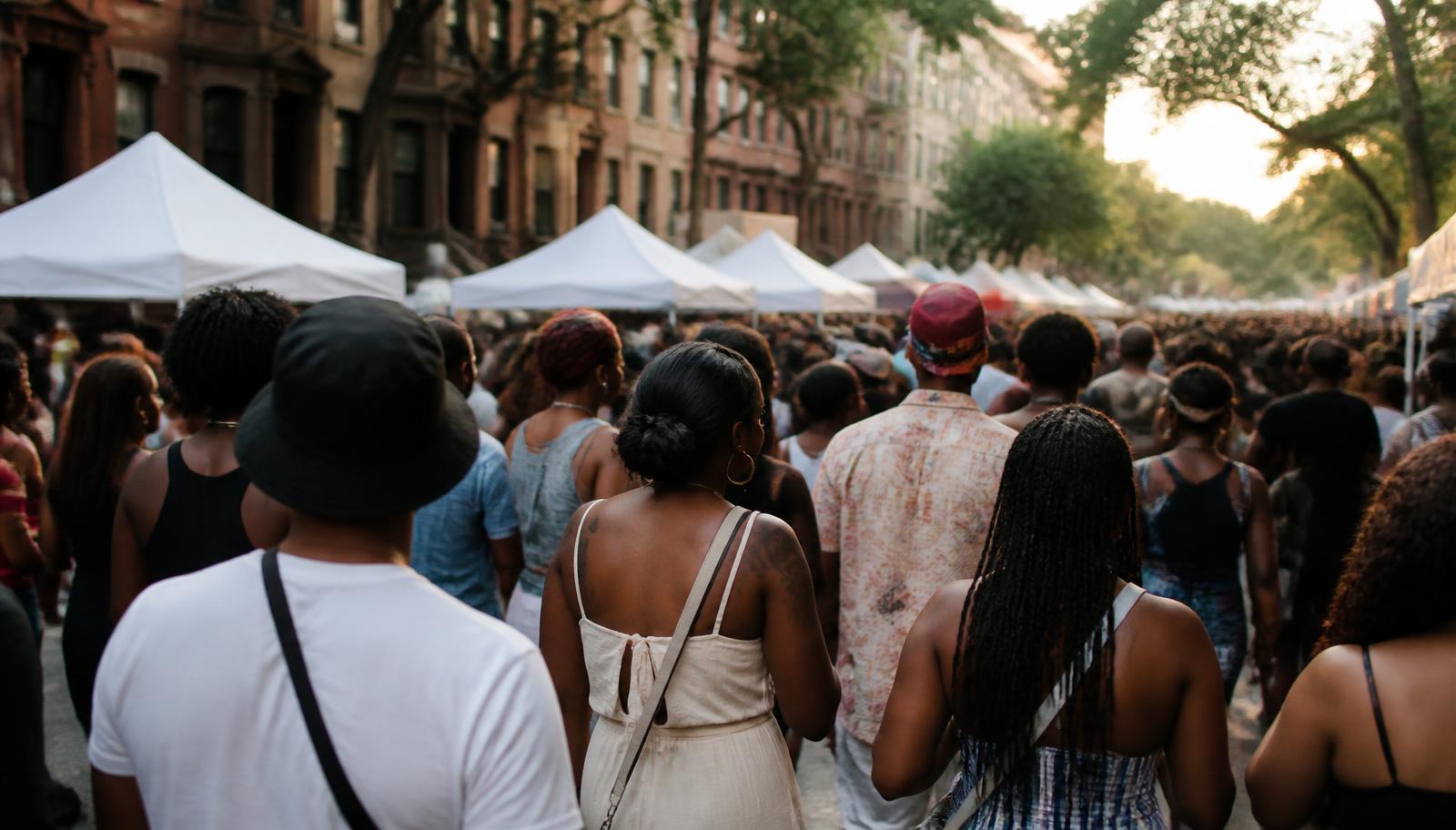 A crowded New York City street festival with tents, tables, and people filling the block